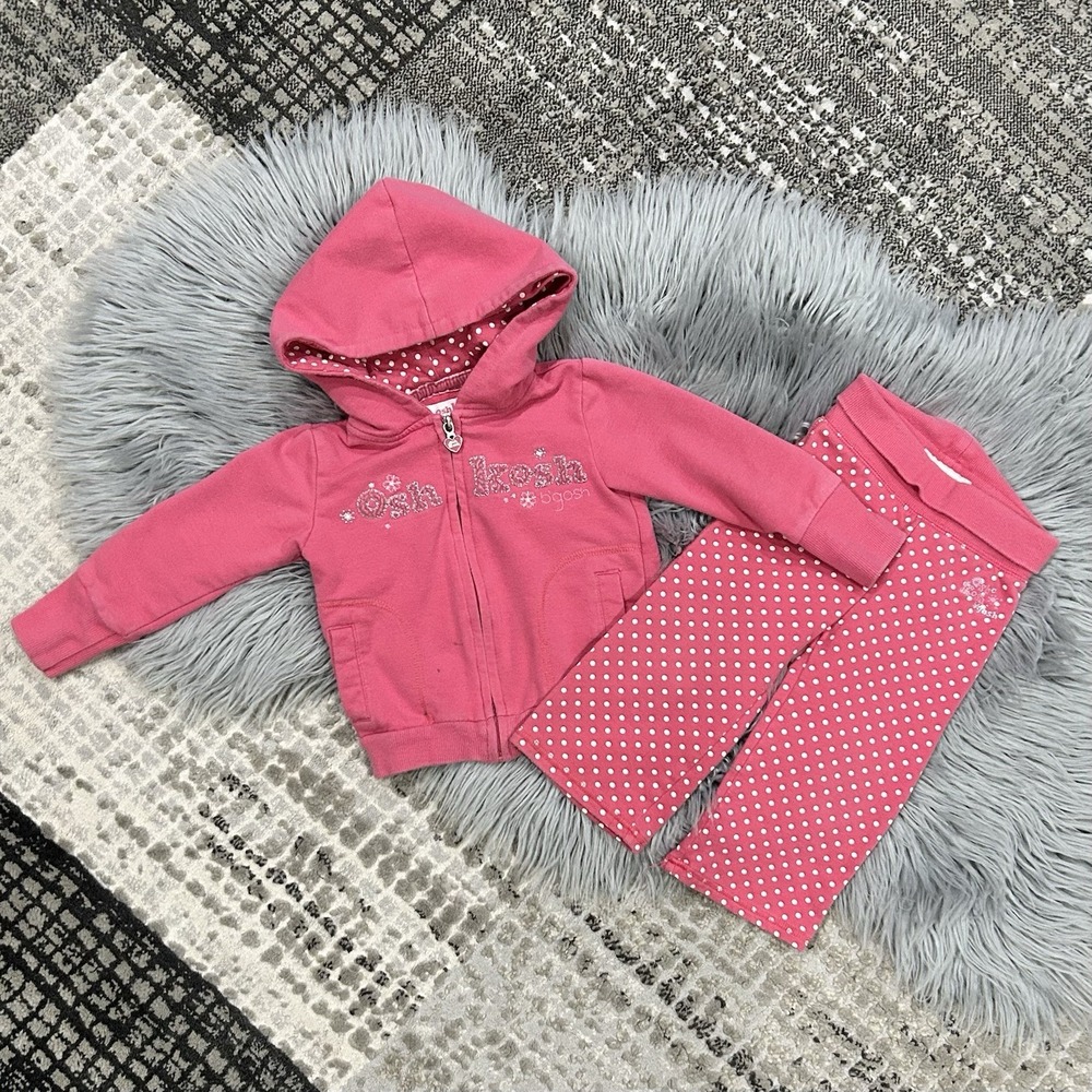VTG Osh Kosh B'Gosh Girls‎ Pink Polka Dot Sweatpants And Zip Up Hoodie Size 18m